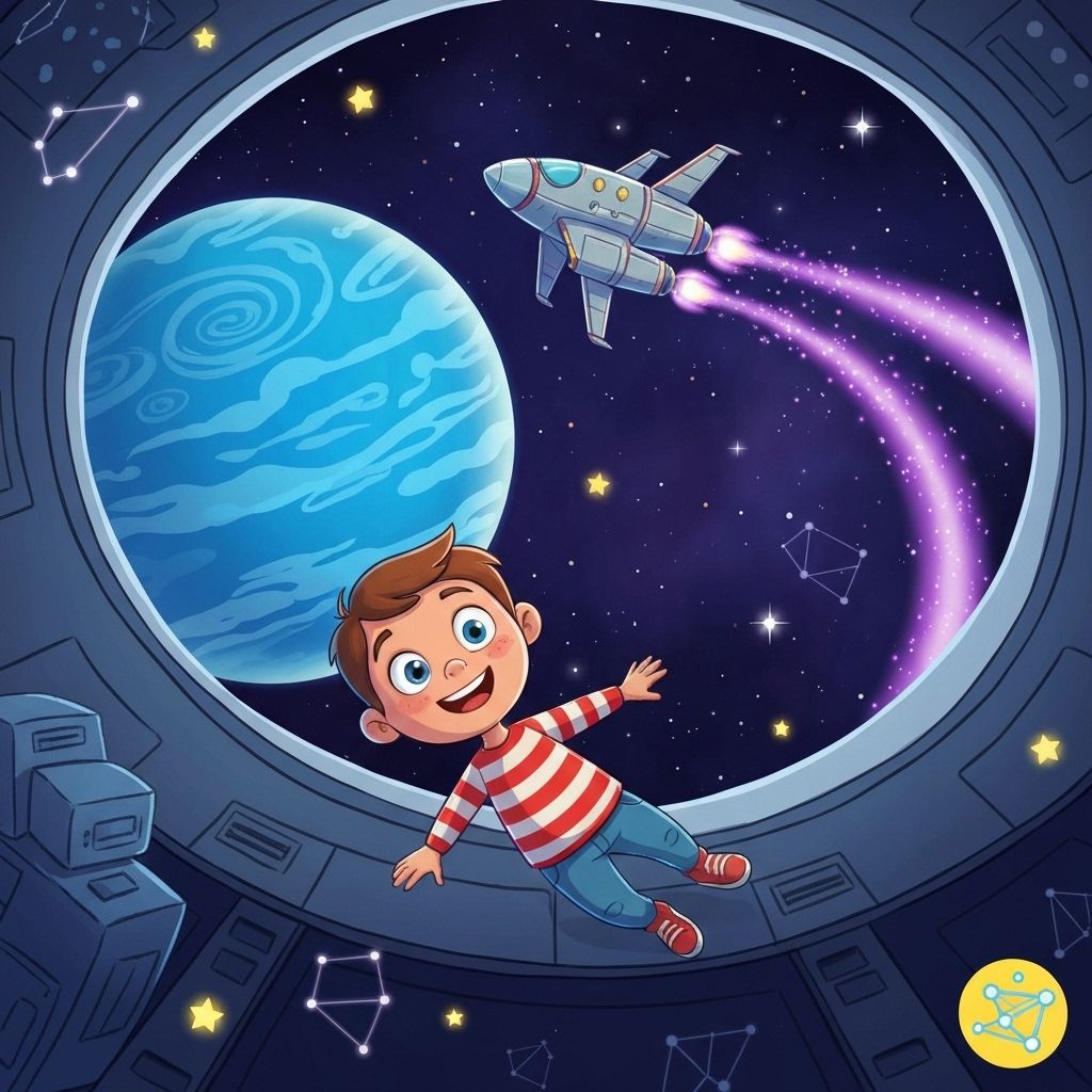 Sample storybook page showing a child character in a magical space adventure